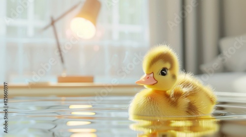 Adorable yellow duckling floating in water with a warm indoor setting and a lamp in the background. Perfect for cute and cozy themes.