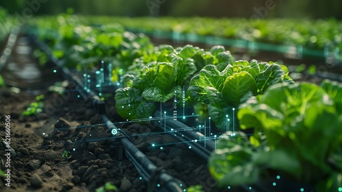 Smart farming technology with interconnected sensors monitoring lush green lettuce growing in a field, ensuring optimal growth conditions.