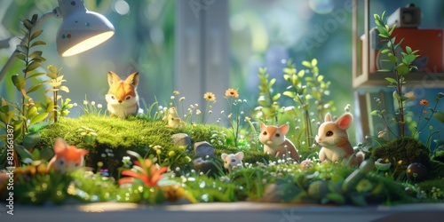 Cute miniature animals in a whimsical garden scene with vibrant plants and flowers, bathed in warm natural light, creating a magical atmosphere. photo