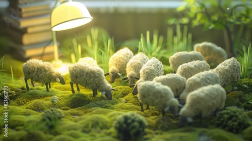 Miniature sheep grazing on moss under a warm lamp, resembling a peaceful pastoral scene on a small scale with a cozy atmosphere. photo