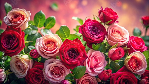 Beautiful red and pink rose flowers with green leaves create a romantic atmosphere on a soft pink background