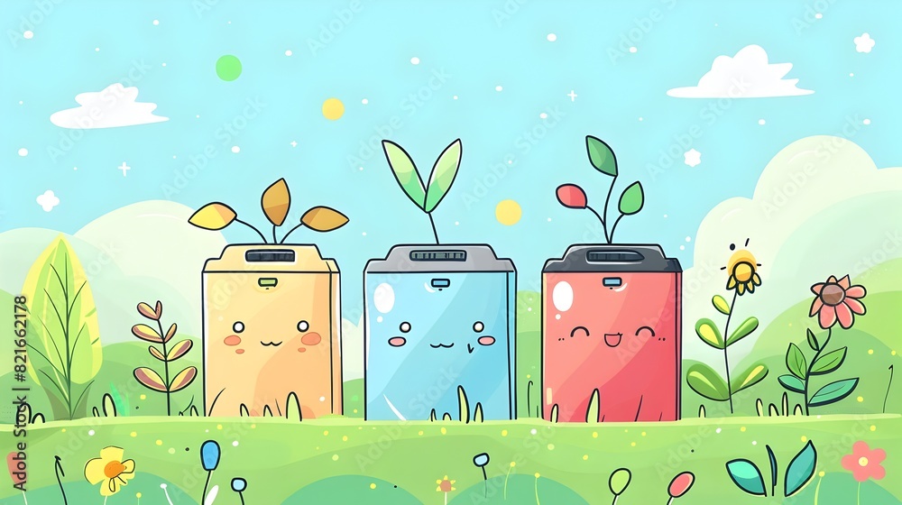 Adorable Battery with Renewable Energy Icons in a Clean,Cute Chibi-Style Showcasing Nature and Sustainability Concepts Adorable Battery with Renewable Energy Icons in a Clean,Cute Chibi-Style Showcasing Nature and Sustainability Concepts