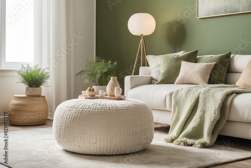 stylish living room  white pouf  lamp  consola and personal accessories  Pistachio wall