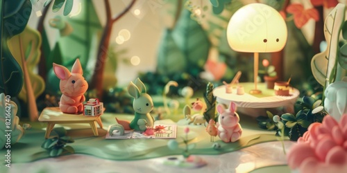 Whimsical forest scene with cute animal figurines, soft lighting, and vibrant foliage creating a magical and serene atmosphere.