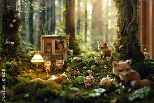 Whimsical forest scene with cute foxes and a tiny house illuminated by fairy lights, capturing magical nature in a miniature setting. photo