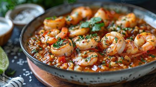 A serving of shrimp �touff�e with rice and Cajun spices.