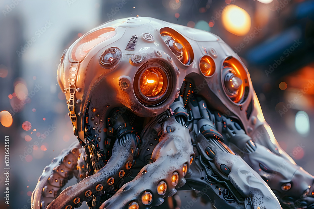 3D Rendering of Cyborg Octopus Warrior with Glowing Cybernetic Tentacles and Sleek Metallic Carapace Amidst Swirling Color Smoke Effect