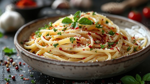 A serving of spaghetti aglio e olio with garlic and chili flakes. photo