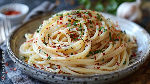A serving of spaghetti aglio e olio with garlic and chili flakes.