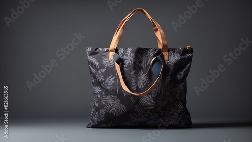 a black and white tote bag with a black  background photo