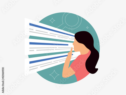 SEO results page - search engine ranking. A young girl looks at search results and chooses which website to click on. Vector illustration with icons on white background