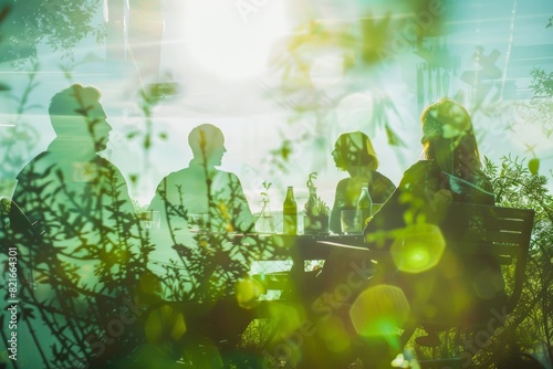 Artistic shot of a group of people in a park setting seen through a screen of green foliage photo