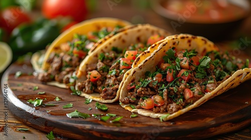 A serving of beef tacos with lettuce and cheese. photo