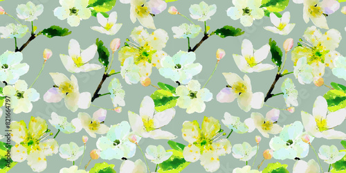 Apple blossom watercolor seamless pattern.Plant background for fashion, wallpapers, print. Trendy floral design