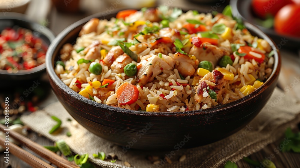 A serving of chicken fried rice with vegetables. A serving of chicken fried rice with vegetables.