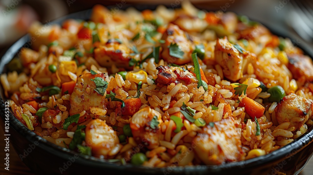 A serving of chicken fried rice with vegetables.