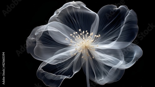 A delicate, ethereal flower with translucent petals, glowing with soft light against a dark background.
