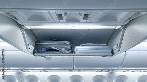 View of airplane's overhead bin with neatly stored luggage, exemplifying efficient and safe air travel.
