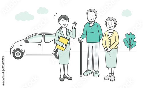 外で会話をするケアマネージャーの女性と高齢夫婦のイラスト