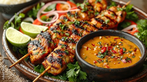A serving of chicken satay with peanut sauce. photo