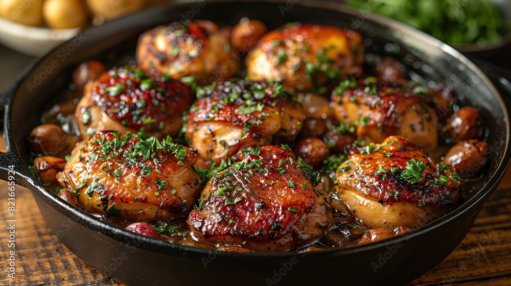 A serving of coq au vin with tender chicken in red wine sauce. A serving of coq au vin with tender chicken in red wine sauce.