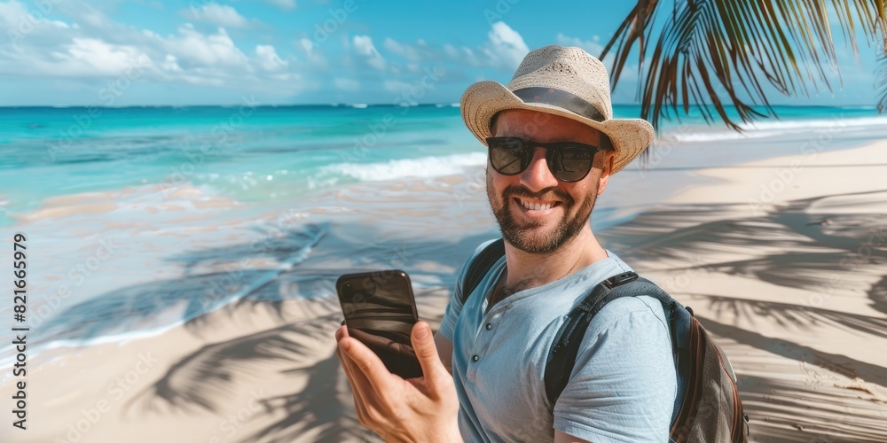 Positive middle aged man standing on a Caribbean beach with palm trees
