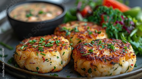 A serving of crab cakes with remoulade sauce. photo
