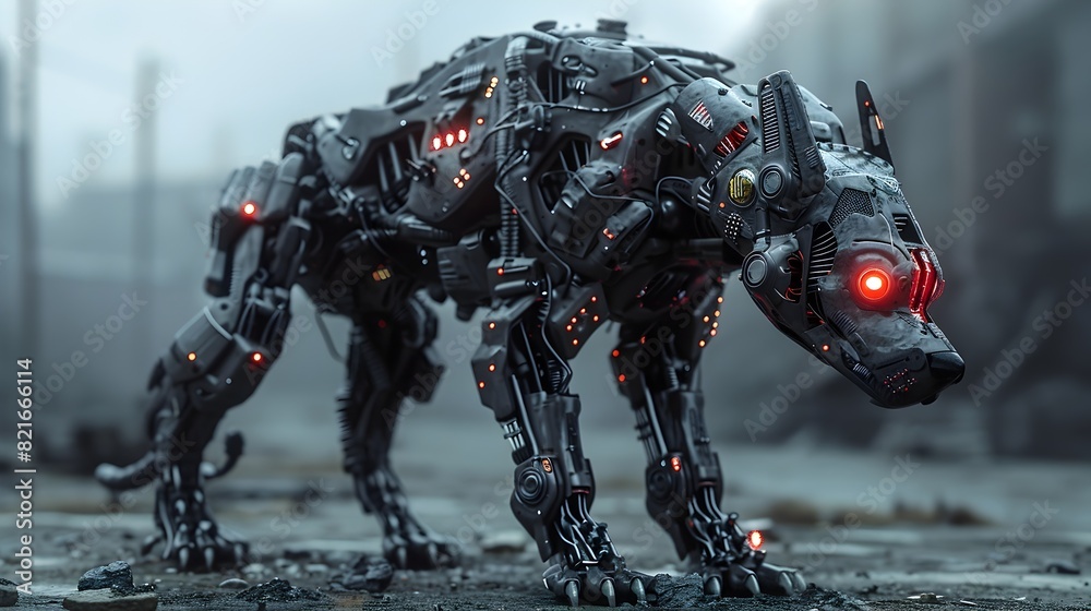 Cyborg Dog Warrior with Bionic Enhancements and Plasma Cannon in Ruined Urban Landscape Cyborg Dog Warrior with Bionic Enhancements and Plasma Cannon in Ruined Urban Landscape