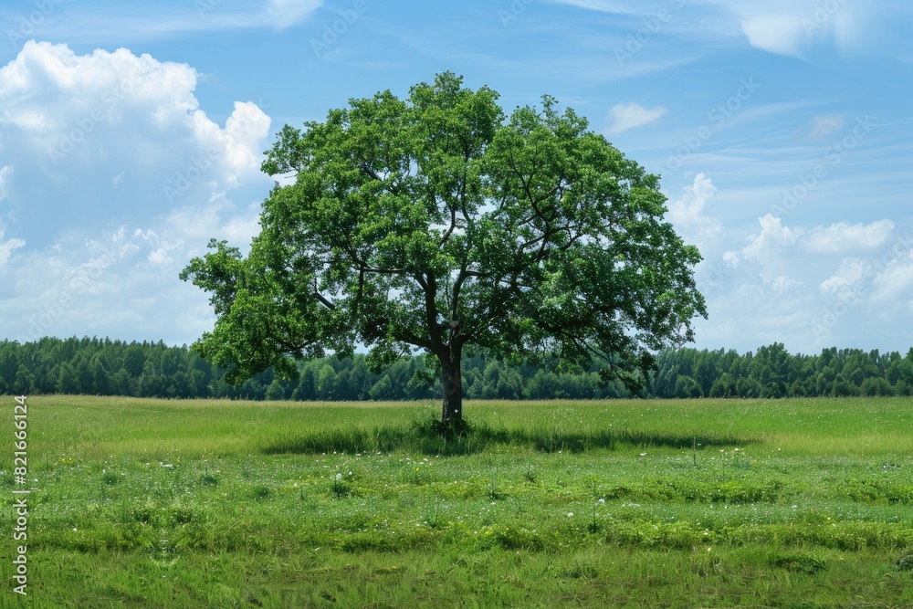 A single large tree with lush green foliage standing alone in a vast field under a clear blue sky A single large tree with lush green foliage standing alone in a vast field under a clear blue sky