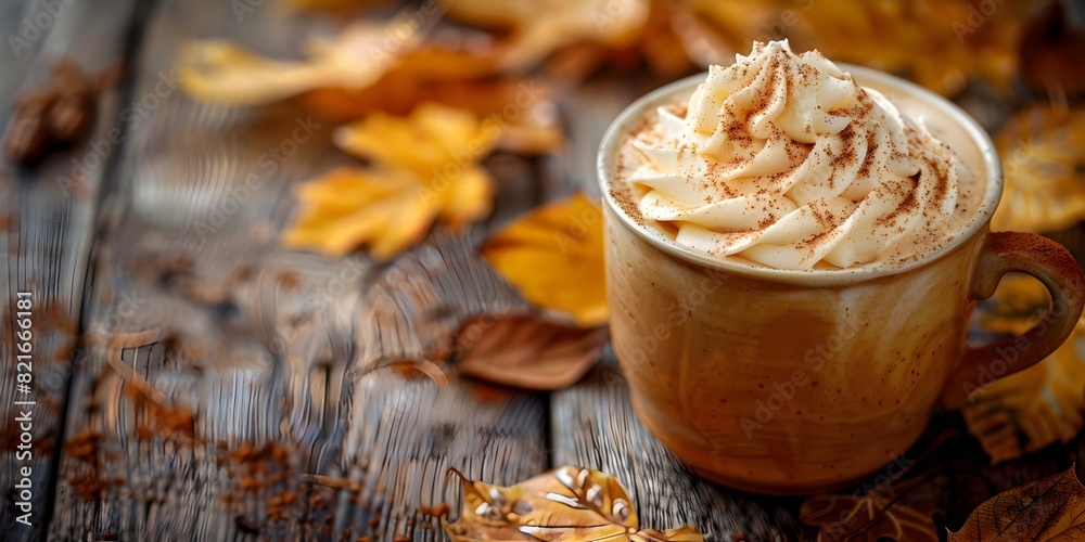 Cozy Pumpkin Spice Latte with Whipped Cream in Autumn Leaf Filled Background Cozy Pumpkin Spice Latte with Whipped Cream in Autumn Leaf Filled Background