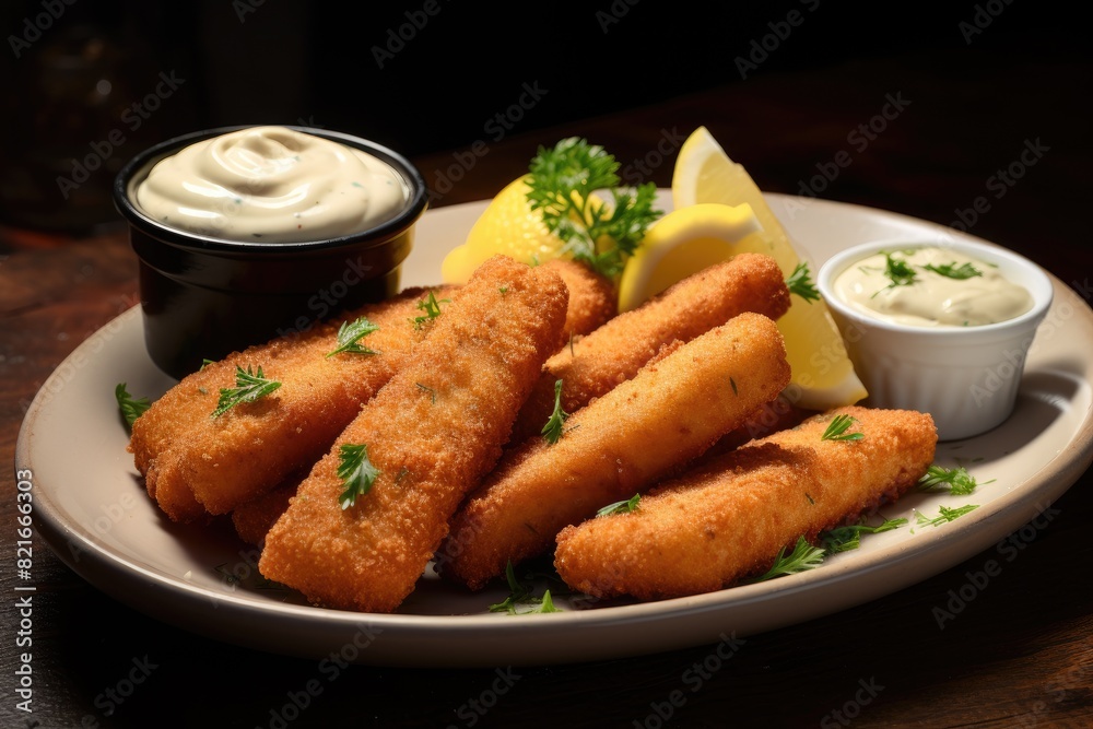 Fried fish sticks with lemon and sauces Fried fish sticks with lemon and sauces