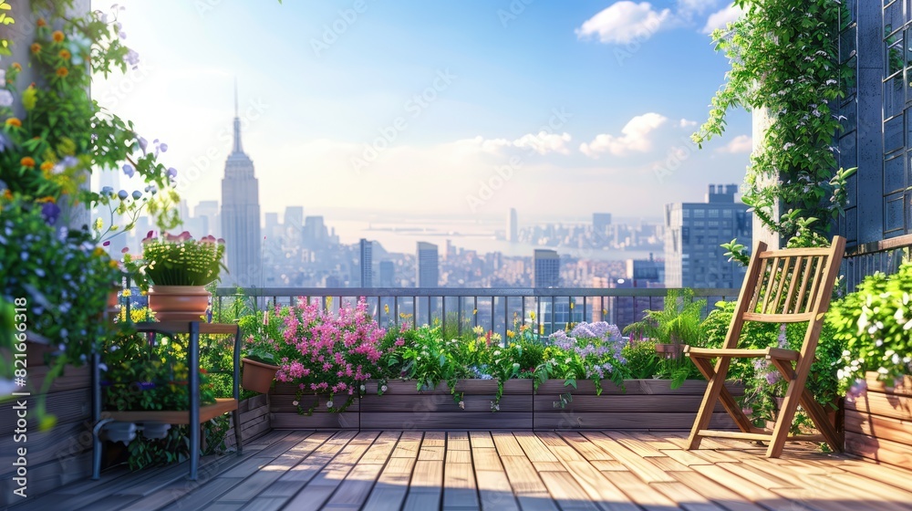 Fototapeta premium Stylish balcony home terrace with city background.