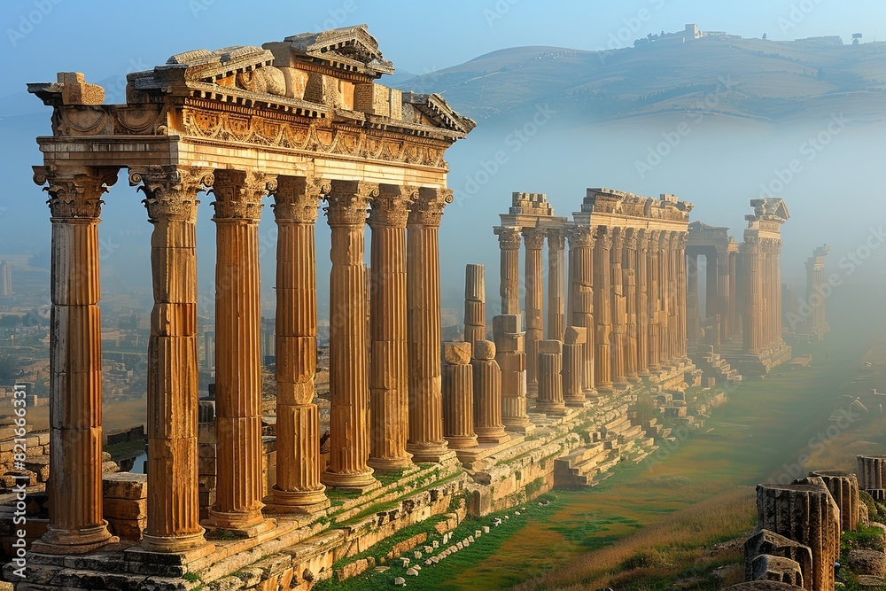 Obraz premium Dawn's Serene Glow: Ancient City Ruins with Intricate Pathways