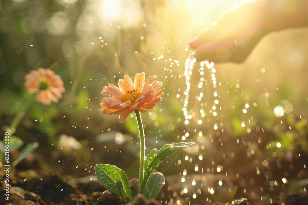 A vibrant flower is illuminated by sunlight with water droplets, symbolizing growth and freshness A vibrant flower is illuminated by sunlight with water droplets, symbolizing growth and freshness
