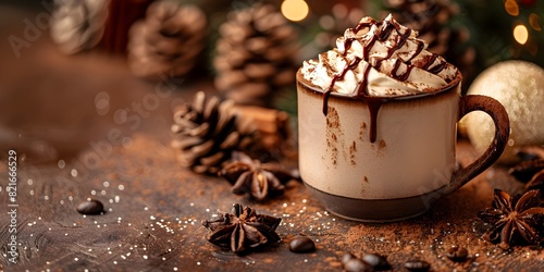 Cozy Mocha with Whipped Cream and Chocolate in a Festive Holiday Mug Warm Winter Beverage Concept with Rustic Atmosphere