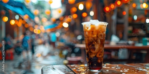 Vibrant Vietnamese Iced Coffee with Condensed Milk in a Tall Glass Against a Lively Street Market Background photo