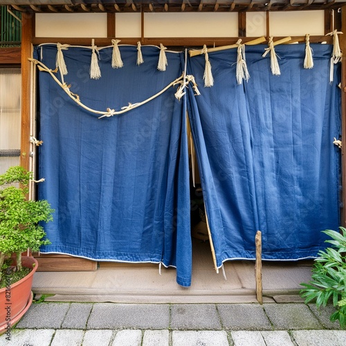 a high cut plain indigo-dyed shop curtain, Entrance of an old Japanese house cafe