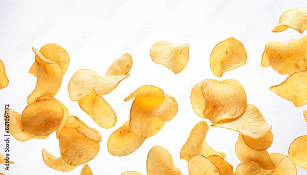 A scattering of crispy potato chips falling against a white background A scattering of crispy potato chips falling against a white background
