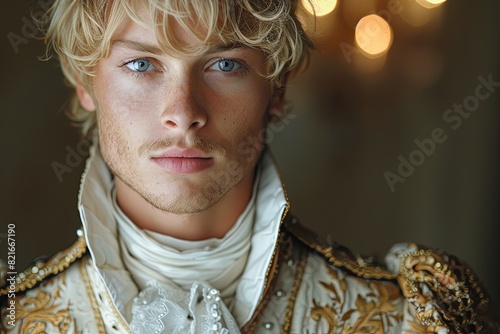 Blond Young Man: Vintage Attire Close-up Portrait with Cinematic Lighting photo