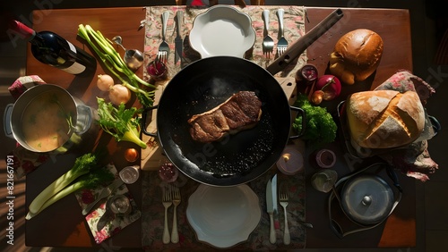 A beautifully lit, cinematic shot of a wooden table adorned with a variety of cooking elements.