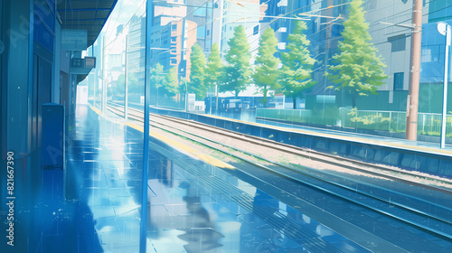 a rainy urban landscape, anime-style illustration