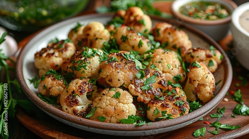 A plate of roasted cauliflower with tahini sauce.