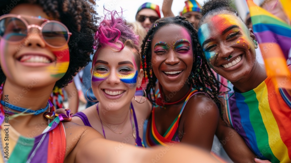 A group of smiling friends, each with face paint in the colors of the rainbow, taking a selfie during a Pride Month celebration A group of smiling friends, each with face paint in the colors of the rainbow, taking a selfie during a Pride Month celebration