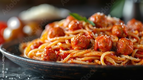A plate of spaghetti and meatballs with marinara sauce and Parmesan.