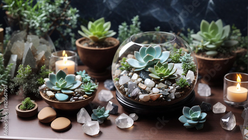 A glass bowl filled with various succulents  along with an assortment of crystals and candles.  