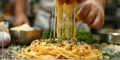 A plate of spaghetti carbonara garnished with parsley and grated Parmesan.