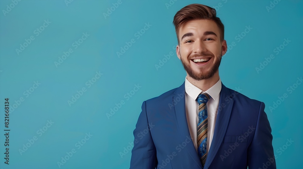 Confident Young Sales Manager in Suit Smiling with Joy on Blue Background Confident Young Sales Manager in Suit Smiling with Joy on Blue Background