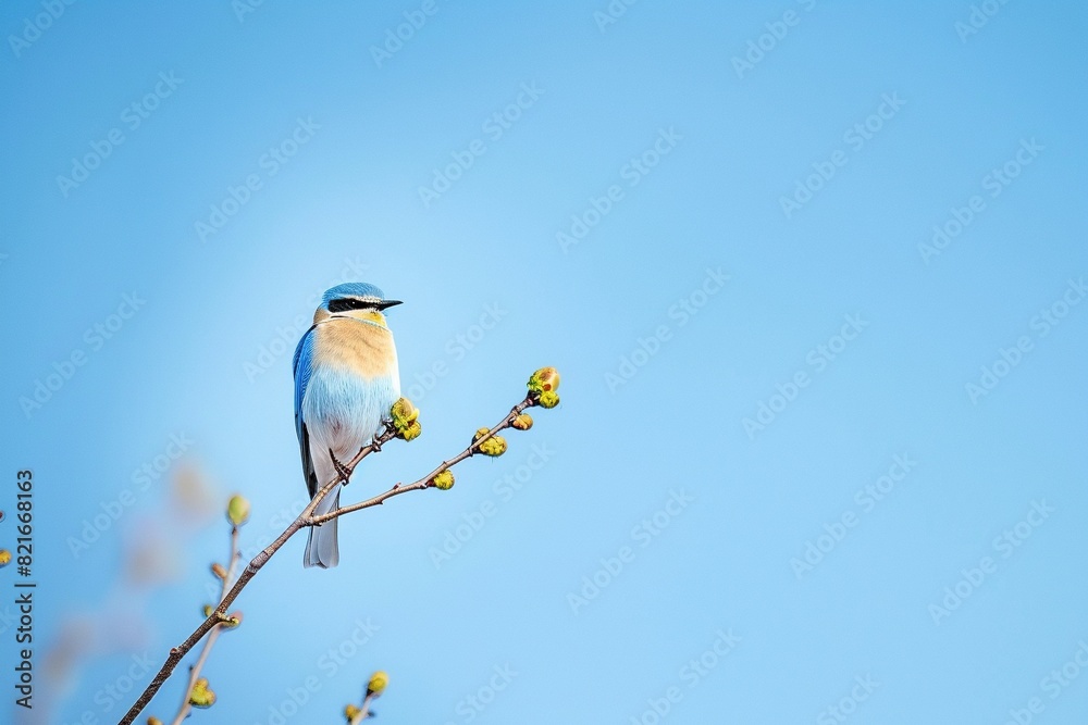 Ave azul posada en una rama con brotes de flores contra un cielo azul, fotografía de naturaleza en primavera