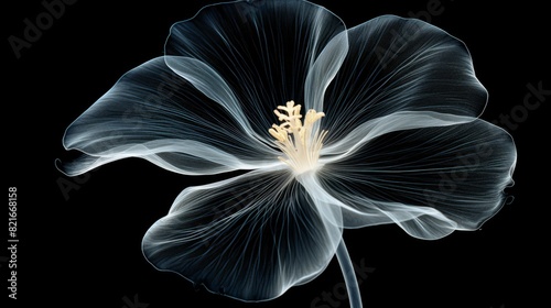 A translucent white flower with delicate petals, rendered in a minimalist style against a black background.