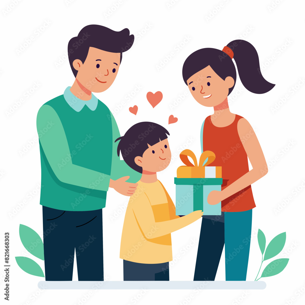Illustration of a daughter and son surprising a father and giving a gift to their father Illustration of a daughter and son surprising a father and giving a gift to their father